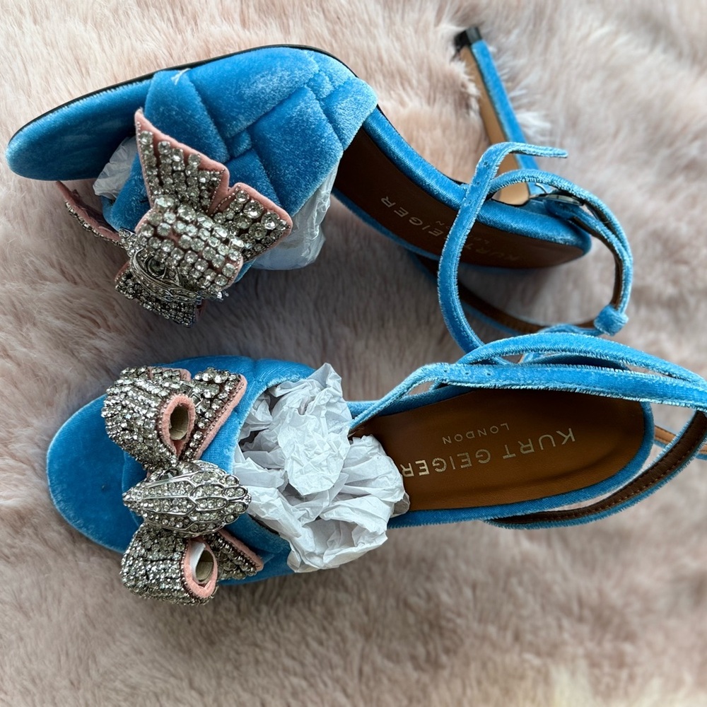 Kurt Geiger Blue Velvet Heels with Crystal Bow